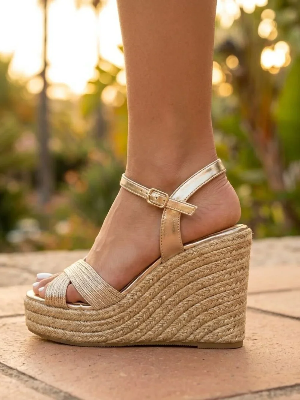 NWT Boutique Gold Metallic Espadrille Wedge Sandals
